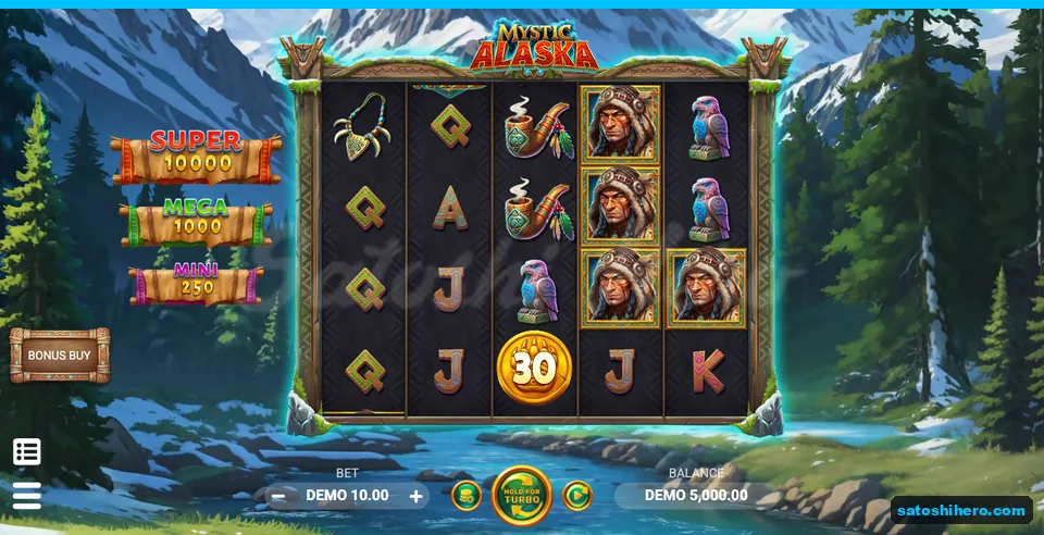 5,000.00 balance beneath five resting reels and jackpot scrolls