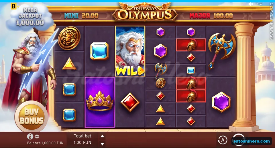 Base game screen with Zeus and jackpot signs