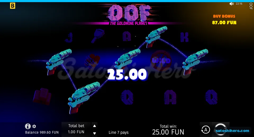 Win screen showing five Blasters and Wild
