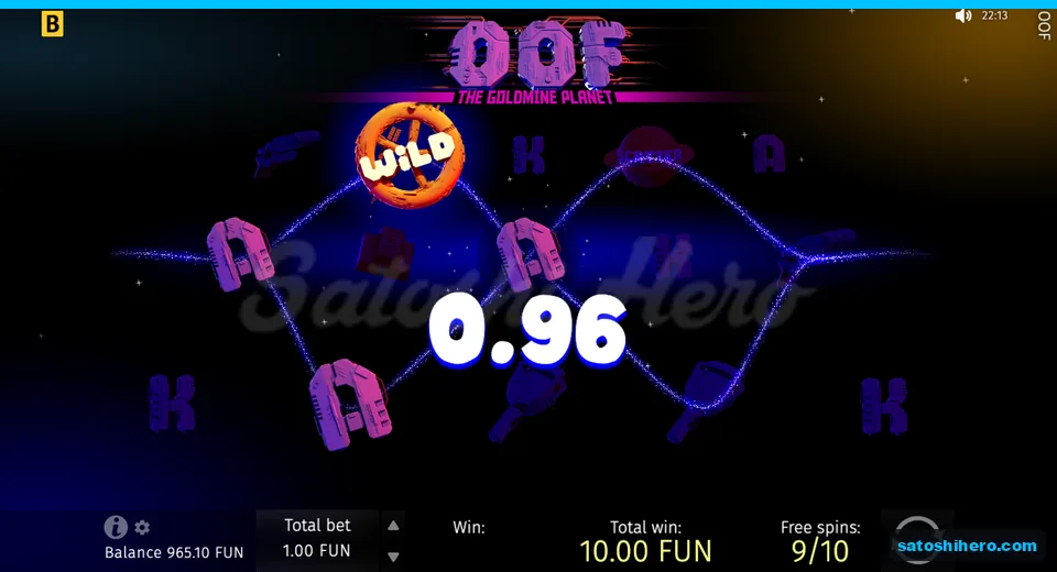 Free spins screen with 10.00 FUN total
