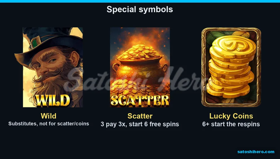 Three feature symbols shown with Wild, Scatter and coin notes
