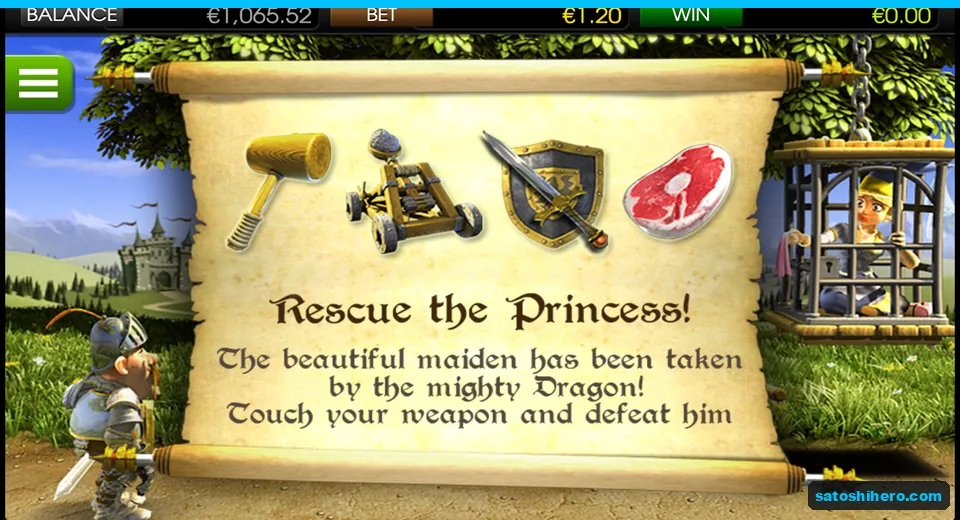 Four weapon choices beside a caged princess