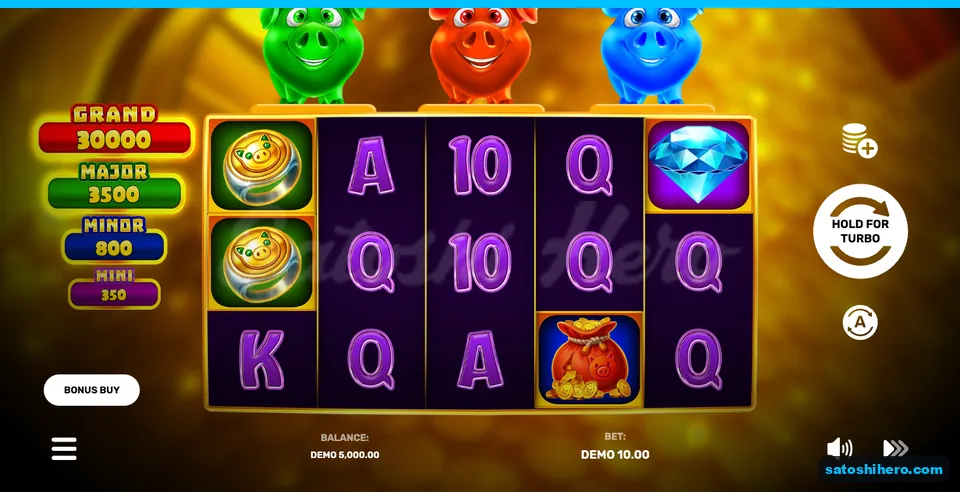 500x balance displayed beside resting reels and three pigs