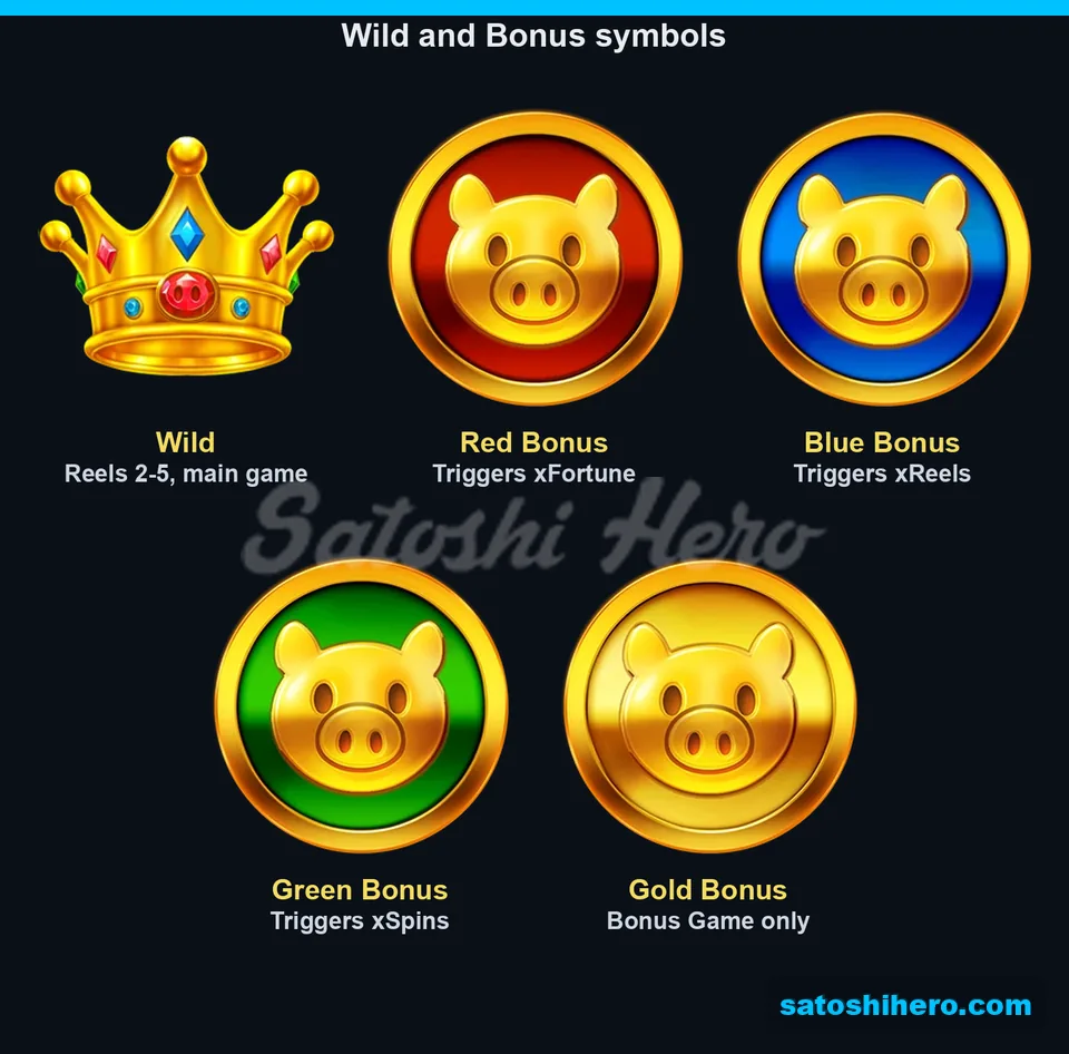 Four coloured Bonus coins shown beside the Wild crown