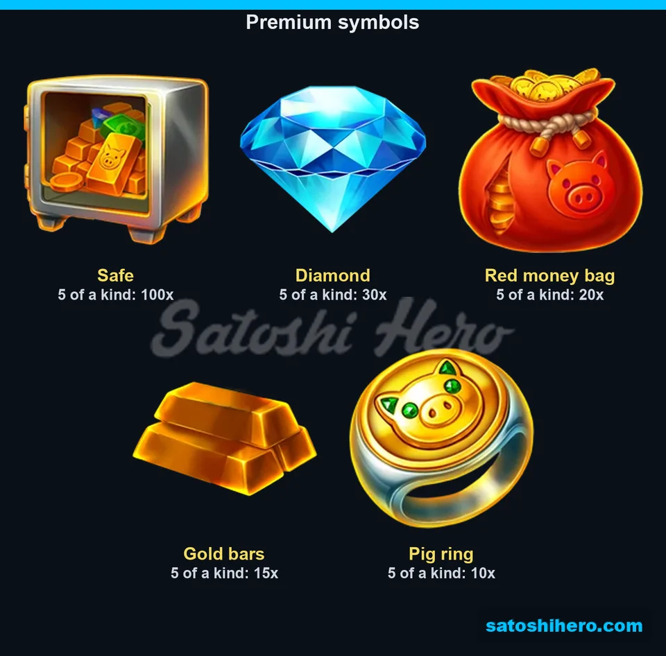 Five premium symbols displayed with five-of-a-kind pay values