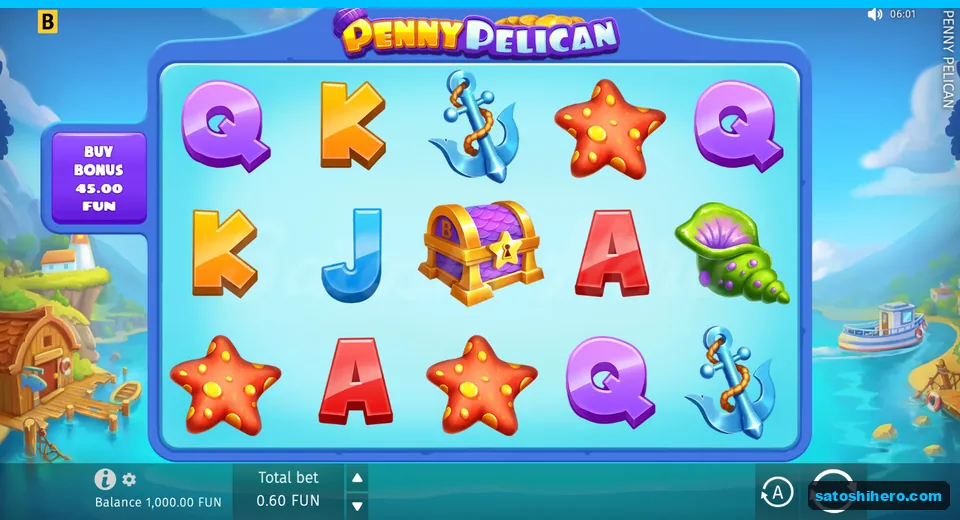 Base screen showing reels and seaside backdrop
