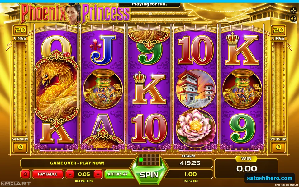 Five purple reels settled with Phoenix and card symbols visible