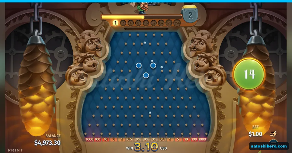Peg board with falling balls and 14 drops left