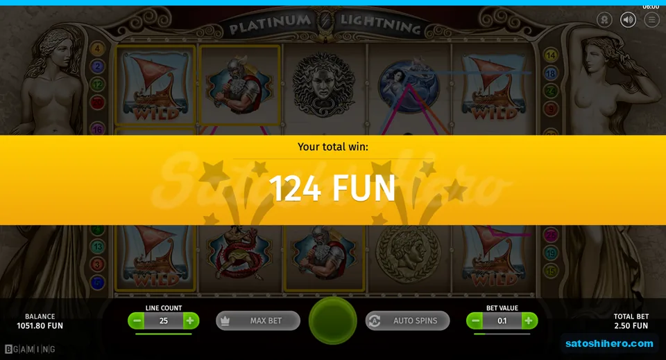 Bonus payout banner showing 124 FUN total win