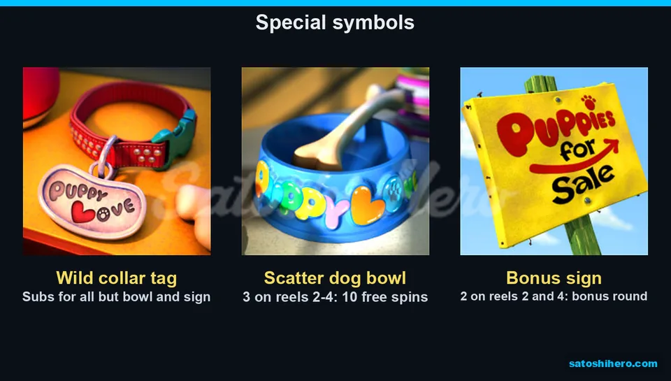 Three special symbols shown as collar, bowl and bonus sign
