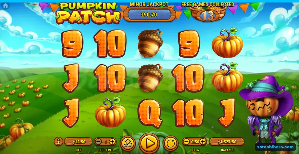 Grid settled with pumpkins, acorns, card ranks, and a $12.50 bet
