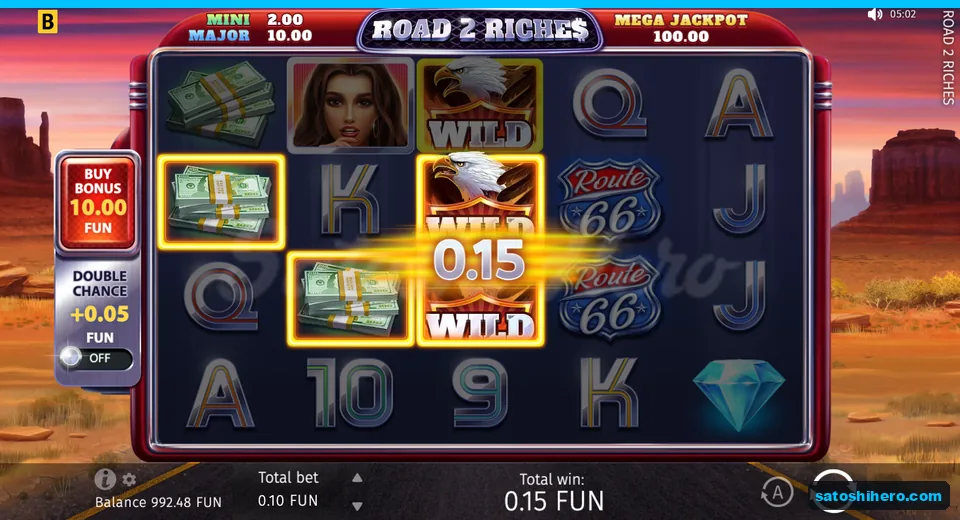 Win screen with money stacks and eagle wilds