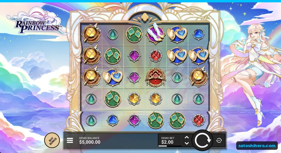 Gem grid in gold frame beside princess