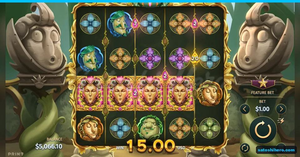 Five-reel grid with four Queens and 15.00 win