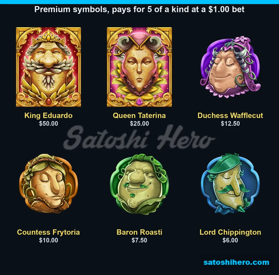 Paytable grid with six premium potato portraits