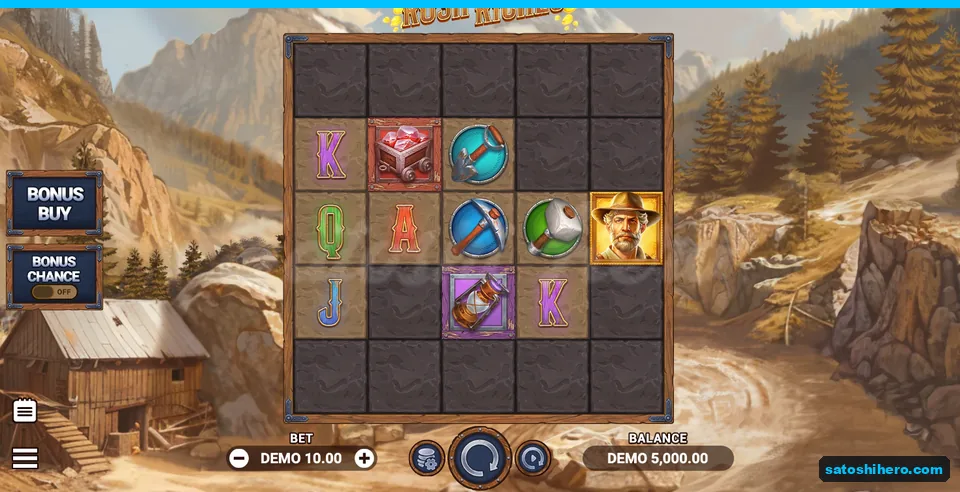 5x5 board settled with symbols, rocks, and 5,000.00 balance