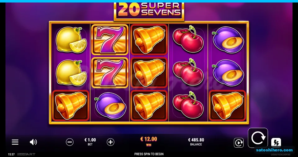 $12.00 win shown with stacked wild sevens and golden bells
