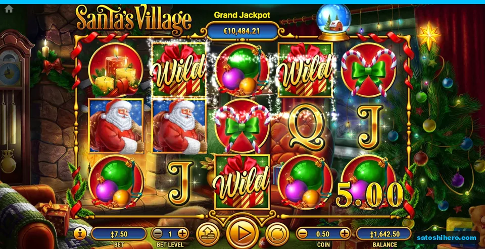 Line win paid $5.00 with gift Wilds and Santa symbols