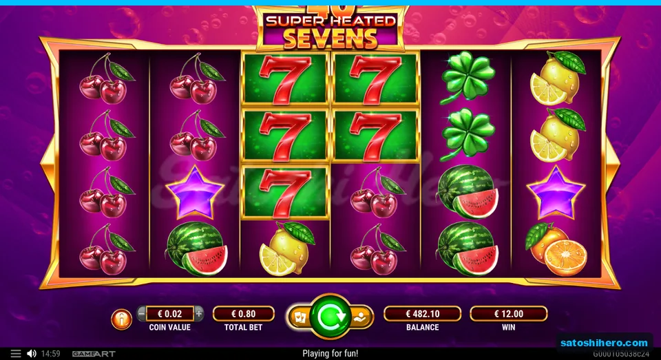 $12.00 win shown with stacked wild sevens on middle reels