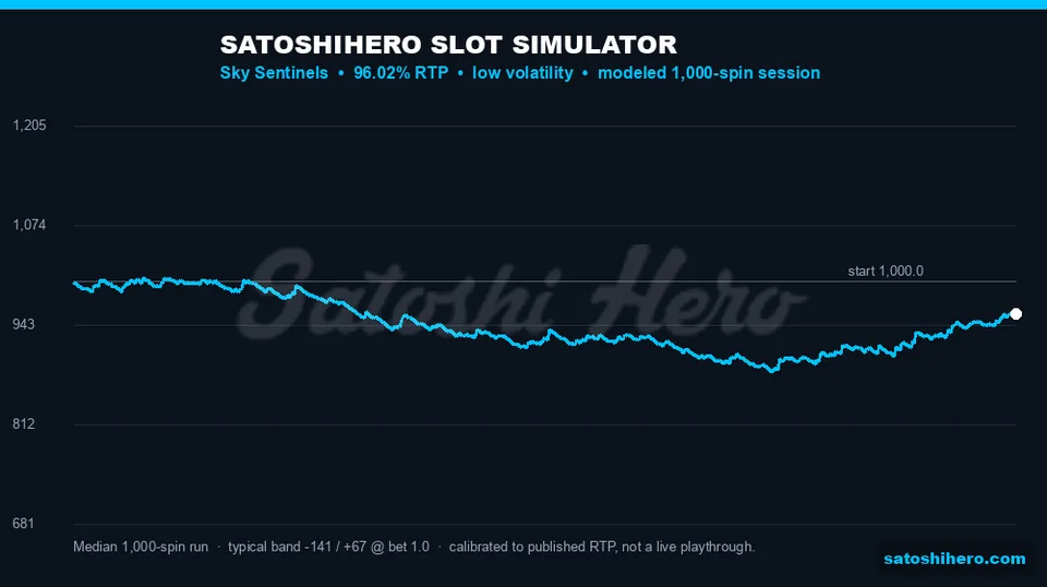 1,000-spin modelled balance line with 96.02% return and 100x cap