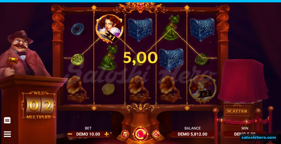 5.00 DEMO win shown across three green coins and one bidder