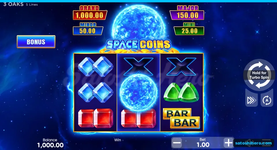Board at rest with gems, jackpot panels, balance and bet