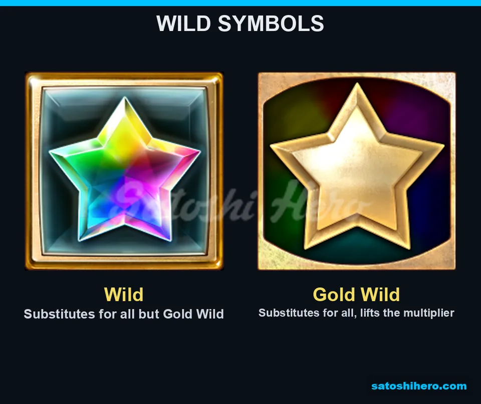 Rainbow Wild and Gold Wild symbols shown