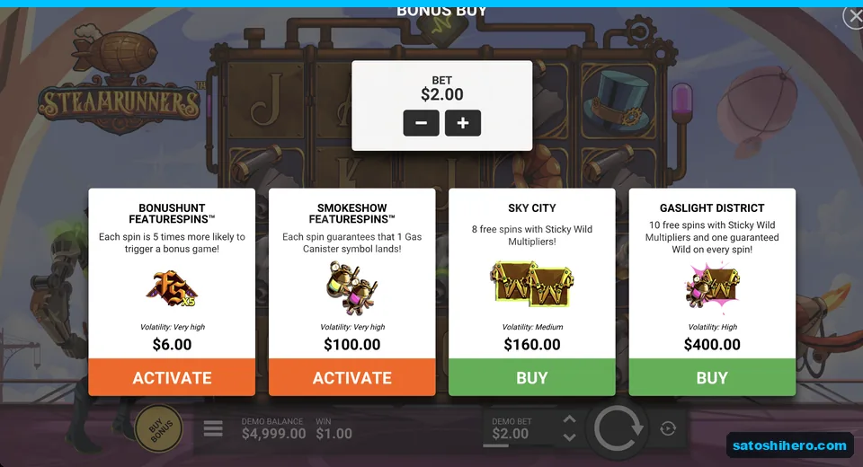 Bonus buy panel lists prices and modes