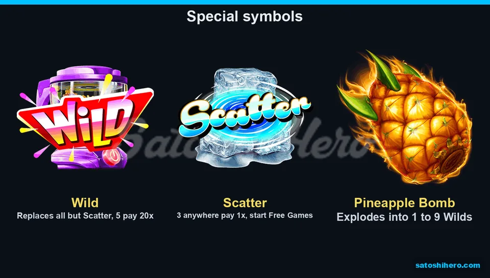 Wild Scatter and Pineapple Bomb shown on board