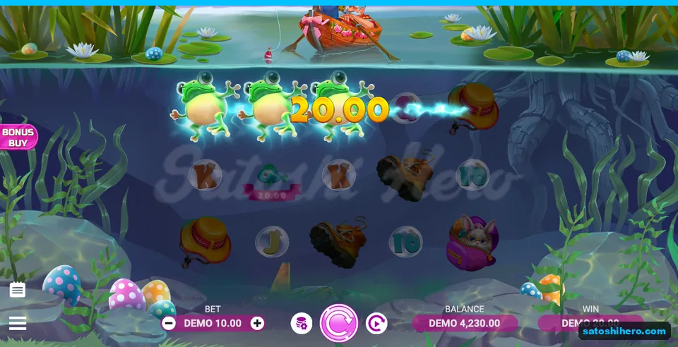 $20.00 win shown beside three frogs
