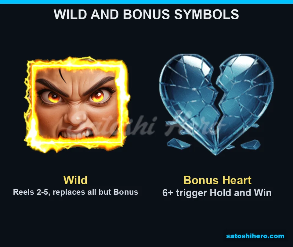 Two feature symbols shown with Wild and Bonus Heart
