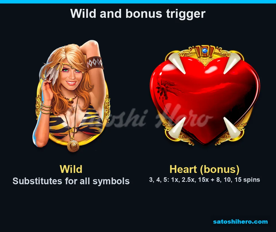 Wild woman and red Heart shown with bonus awards