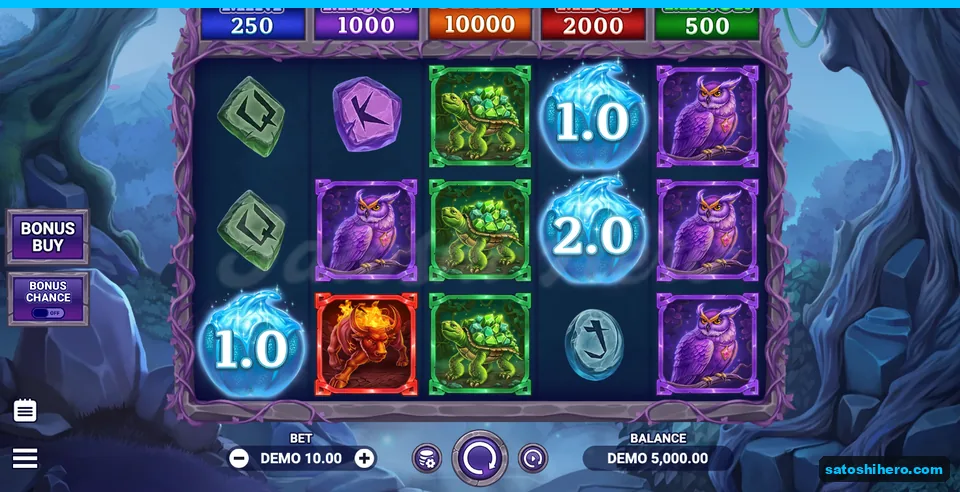 5x3 grid resting beneath five glowing jackpot panels