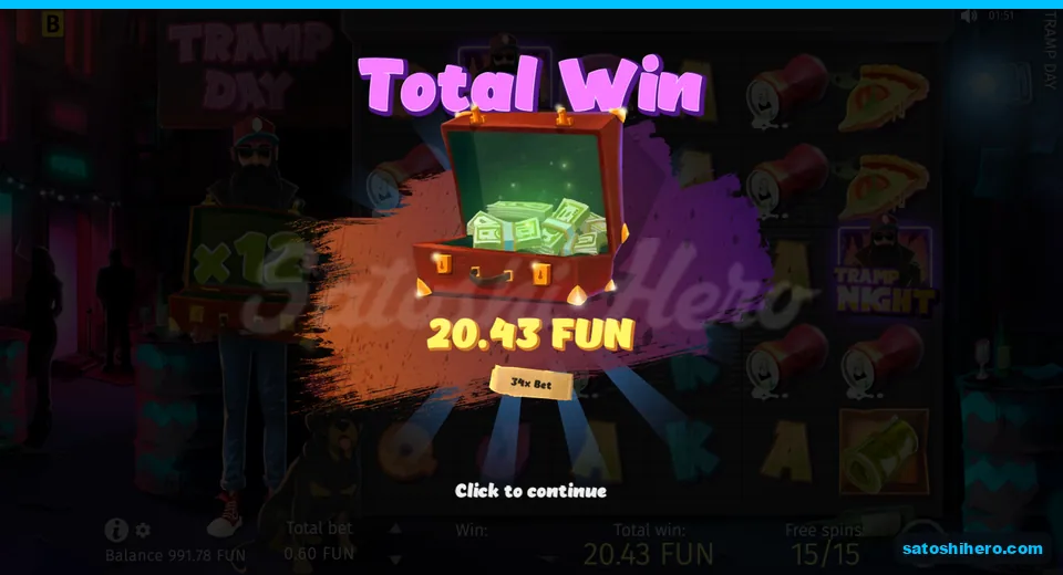 Total win screen showing 20.43 FUN