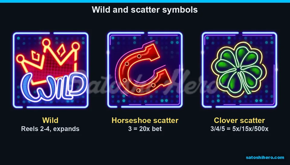 Three special symbols shown with crown and scatter pay values