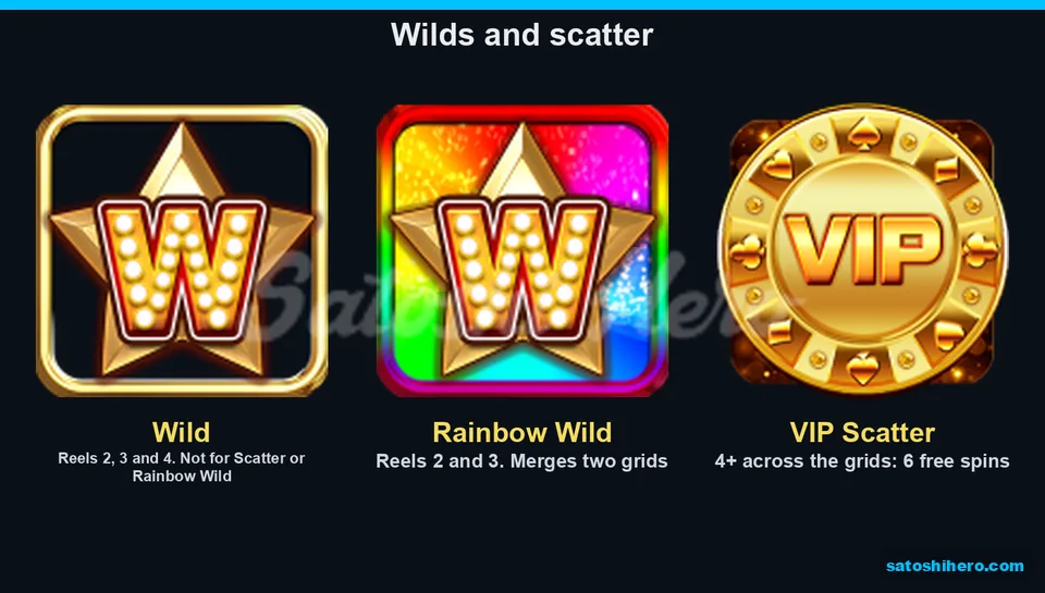 Wild, rainbow wild, and scatter symbols
