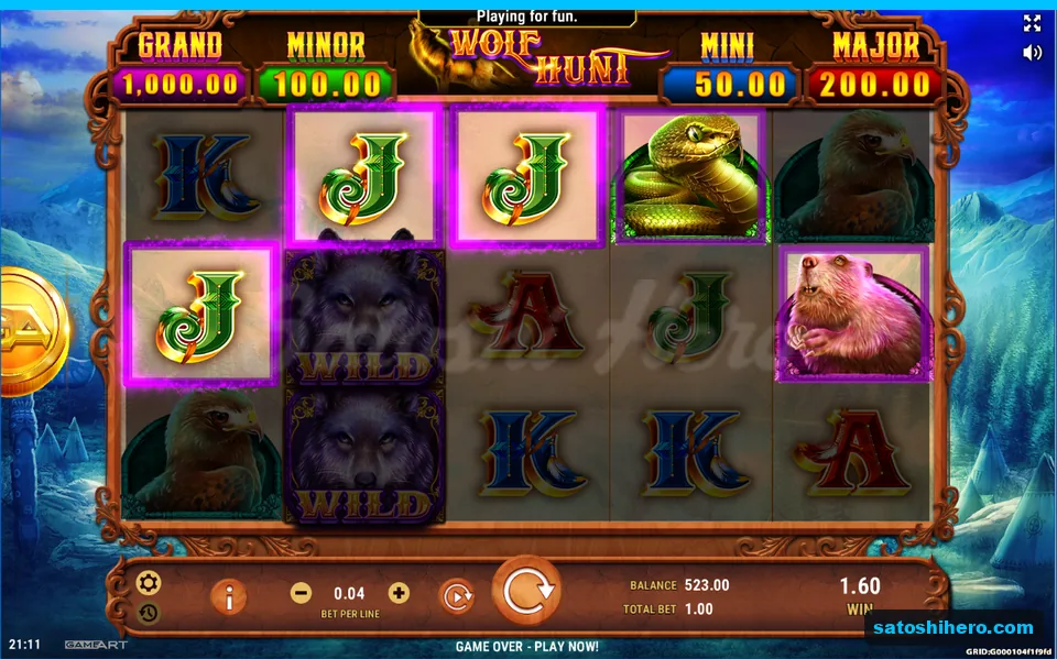 $1.60 win shown with jacks and wolf wilds