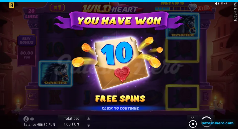 Award card showing ten free spins