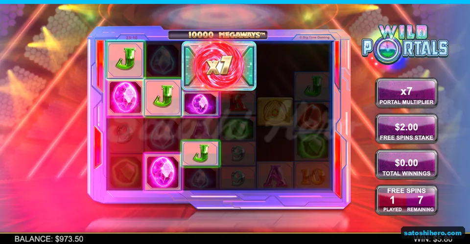 Free spin grid showing a x7 multiplier