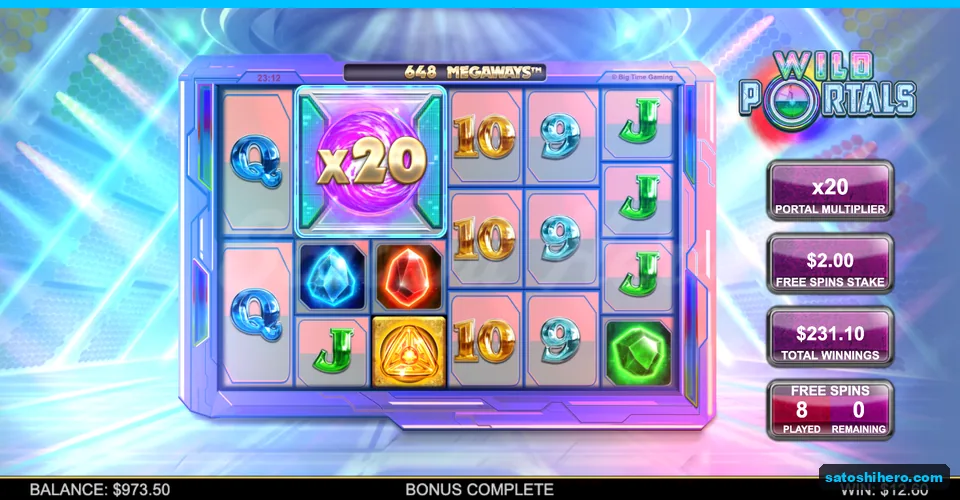 Final free spin screen showing x20 and $231.10