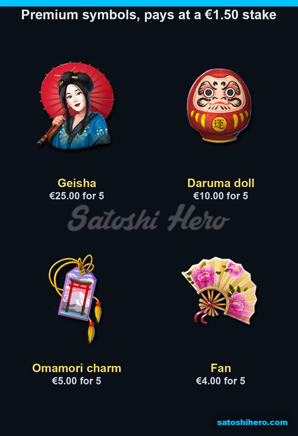 Four premium symbols with $25.00 top geisha pay