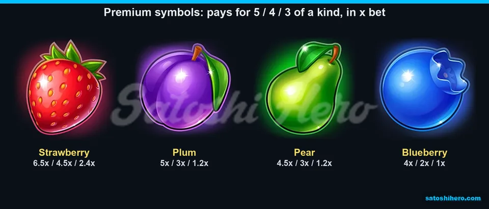 Fruit symbols listed with bet-multiple payouts