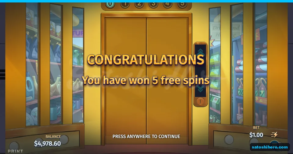 Elevator screen awarding five free spins