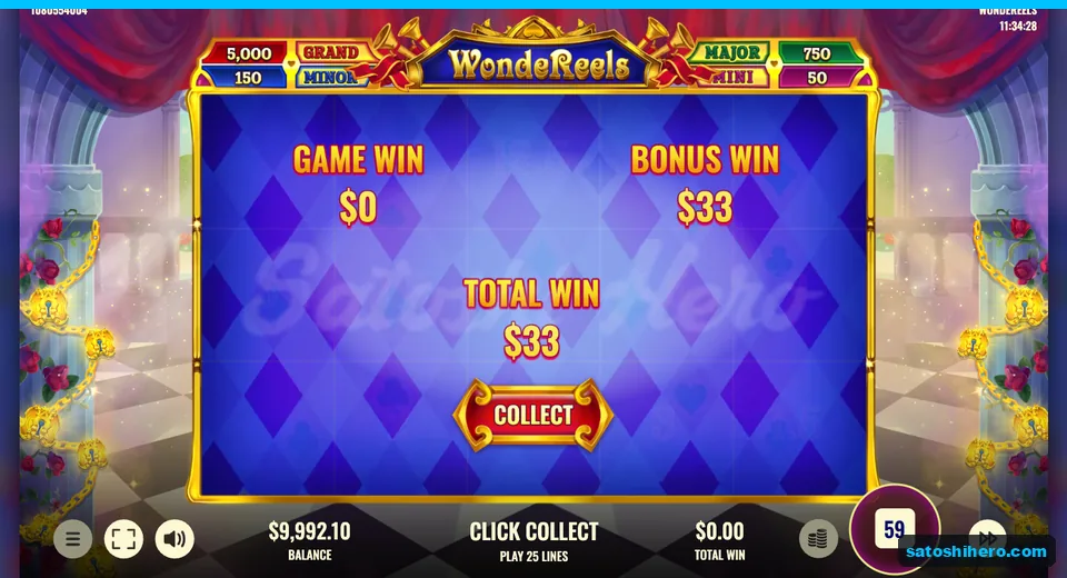 Final win screen showing $33 bonus and total win