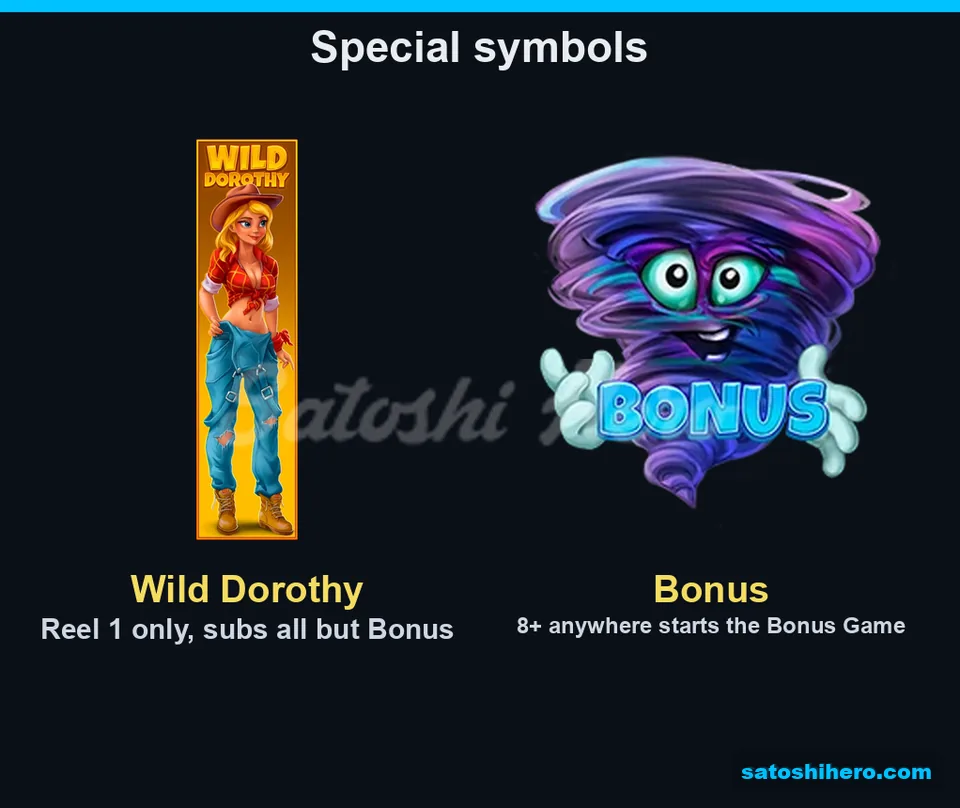 Two special tiles show Wild Dorothy and tornado Bonus symbol