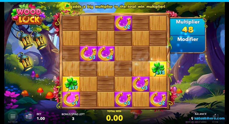 Planked grid showing multiplier tiles and three spins remaining