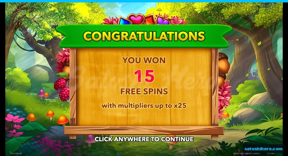 Award screen showing 15 free spins and x25 maximum