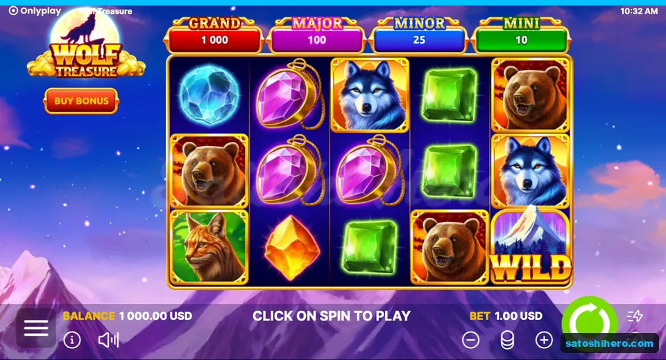 Base-game stage with reels, jackpot panels, and thousand-dollar balance