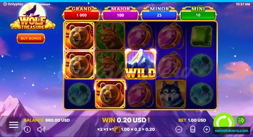 Base-game stage showing Wild-assisted twenty-cent payout