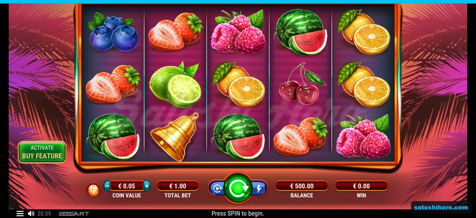 Five reels settled with fruit symbols and 500.00 balance